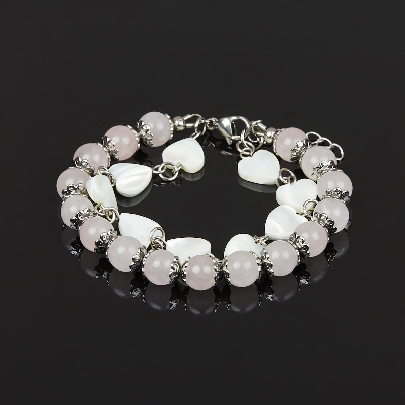 Браслет микс перламутр, розовый кварц (сталь хир.) 8 мм 17 см (+3 см)