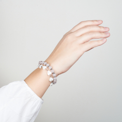 Браслет микс перламутр, розовый кварц (сталь хир.) 8 мм 17 см (+3 см)