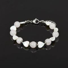 Браслет микс перламутр, розовый кварц (сталь хир.) 10 мм 18 см (+3 см)