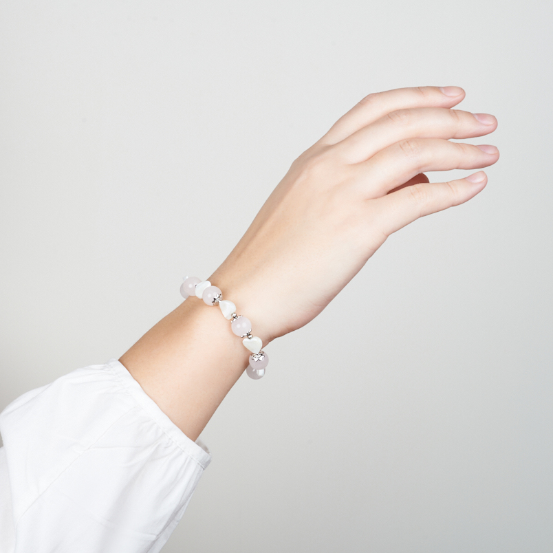 Браслет микс перламутр, розовый кварц (сталь хир.) 10 мм 18 см (+3 см)