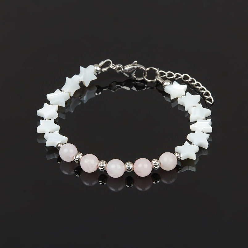 Браслет микс перламутр, розовый кварц (сталь хир.) 6 мм 16 см (+3 см)