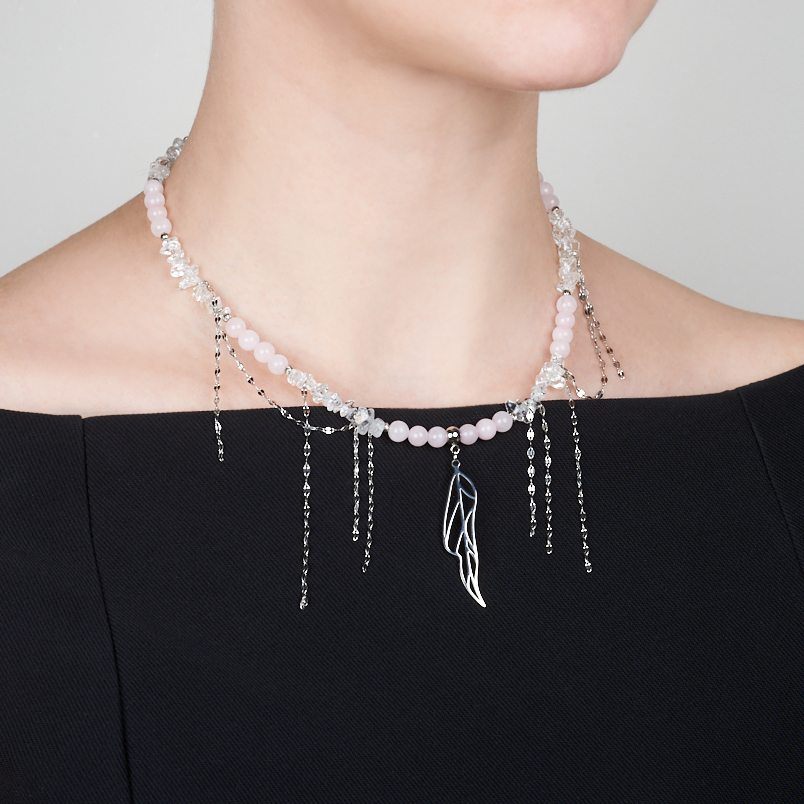 Бусы микс горный хрусталь, розовый кварц (колье) 6 мм 45 см (+7 см) (сталь хир.)