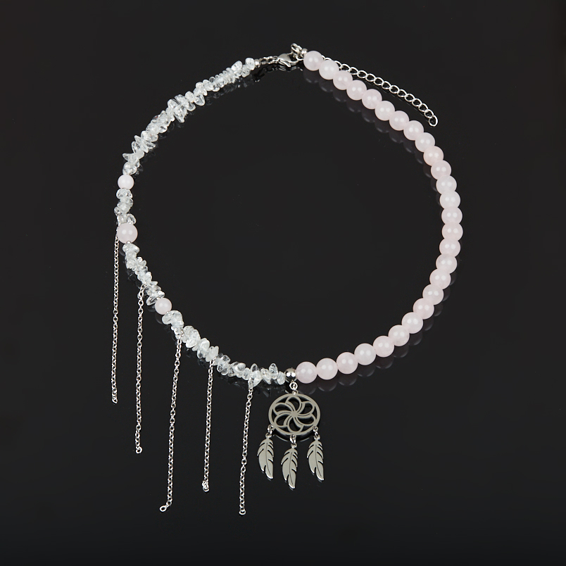 Бусы микс горный хрусталь, розовый кварц (сталь хир.) (колье) 46 см (+7 см)