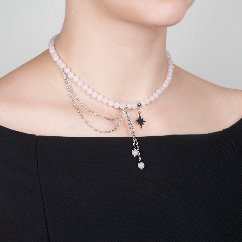 Чокер розовый кварц Бразилия (сталь хир.) (колье) 6 мм 40 см (+7 см)