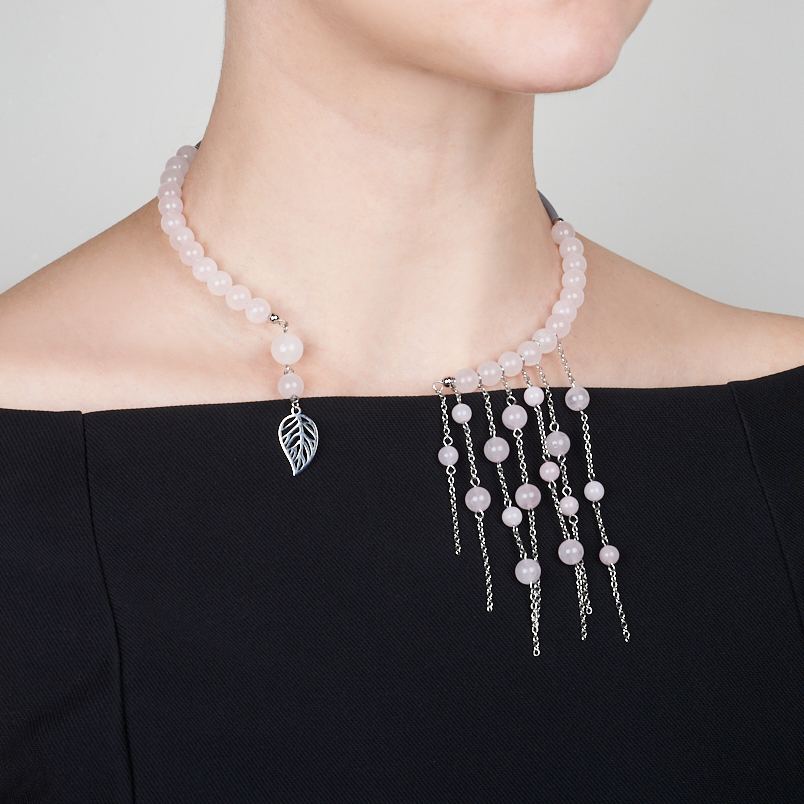 Бусы розовый кварц Бразилия (биж. сплав, сталь хир., силикон) (колье) (регулируемый)