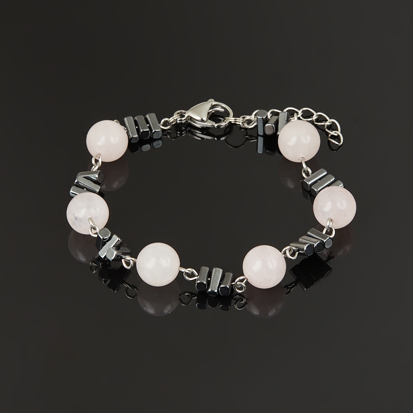 Браслет микс гематит, розовый кварц (сталь хир.) 10&nbsp;мм 18&nbsp;см (+3&nbsp;см)