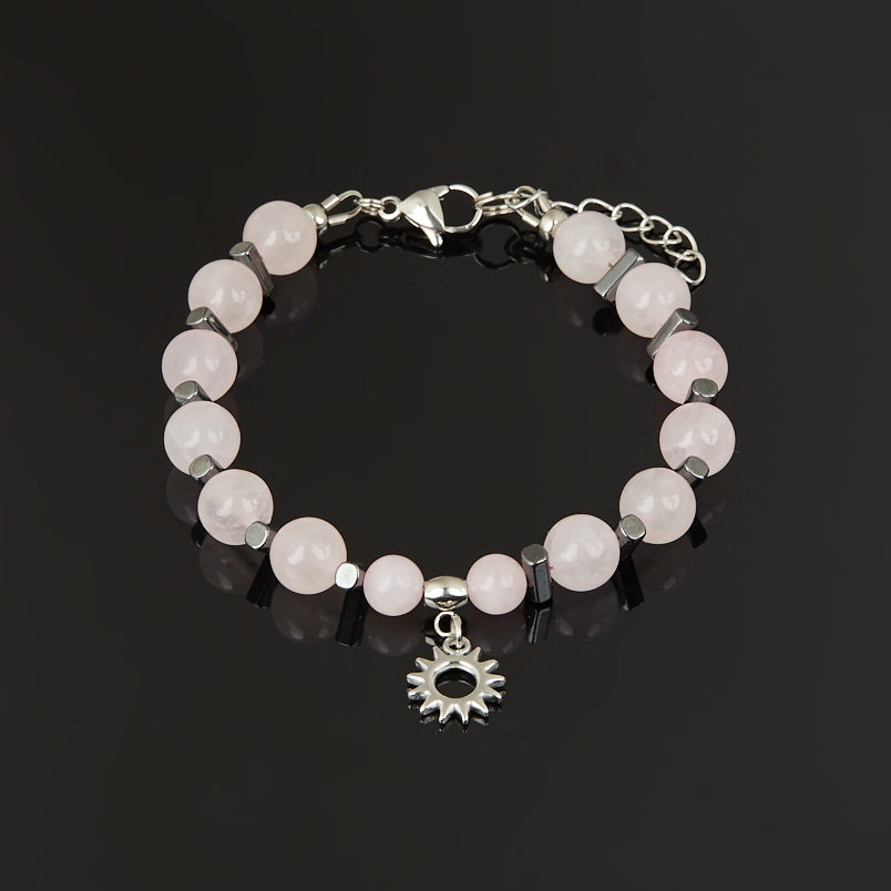 Браслет микс гематит, розовый кварц (сталь хир.) 8&nbsp;мм 18&nbsp;см (+3&nbsp;см)