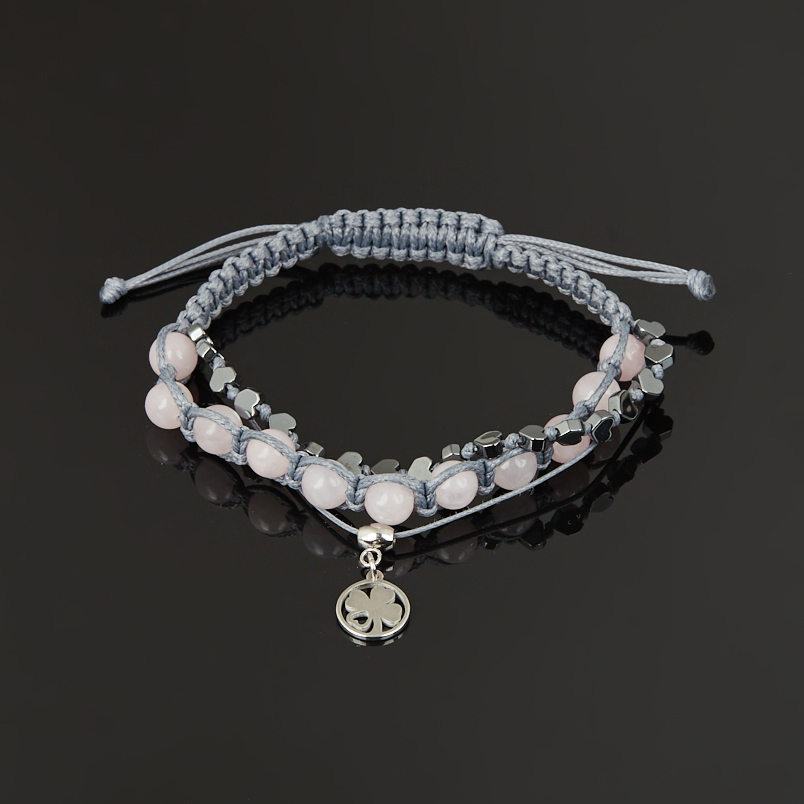 Браслет микс гематит, розовый кварц (сталь хир., текстиль) шамбала 6 мм 16 см (регулируемый)