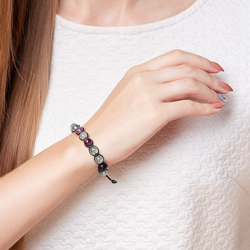 Браслет флюорит Китай (текстиль) шамбала 8 мм 18 см (регулируемый)