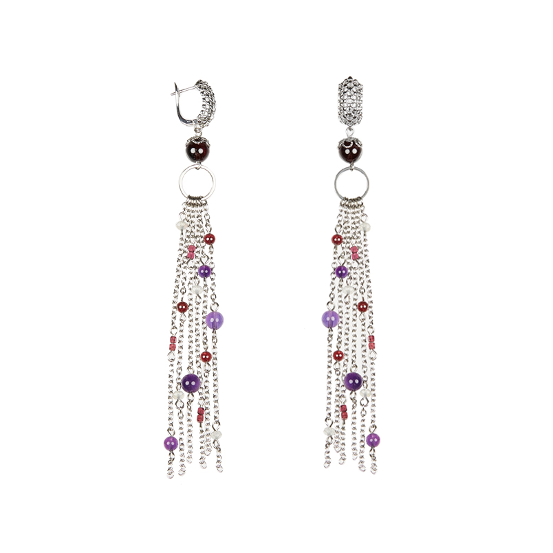 Серьги микс аметист, гранат, лабрадор (биж. сплав родир. бел., сталь хир.)