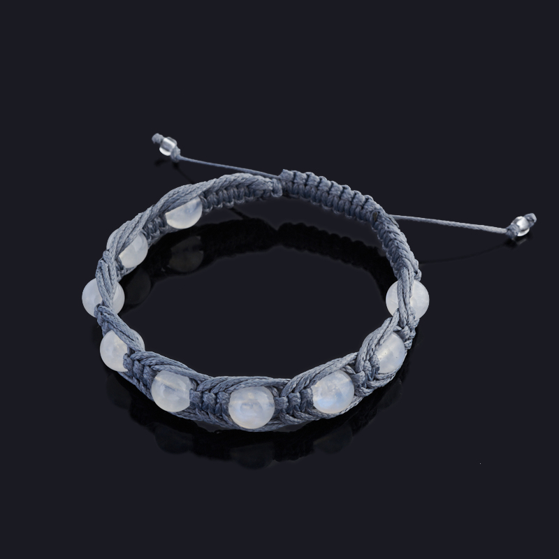 Браслет лунный камень (адуляр) Индия (текстиль) шамбала 8 мм 18 см (регулируемый)