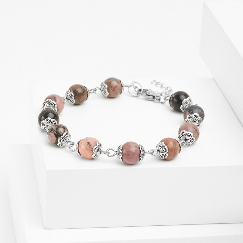 Браслет родонит Россия (сталь хир.) 8 мм 18 см (+3 см)