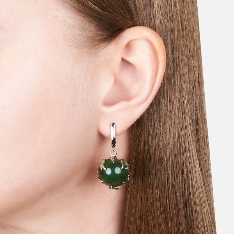 Серьги нефрит зеленый Россия (нейзильбер посеребр.)