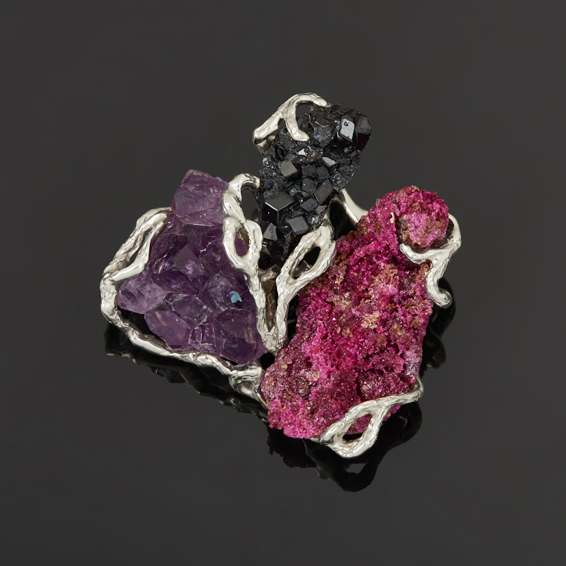 Брошь микс аметист, гранат, корунд рубиновый (нейзильбер)