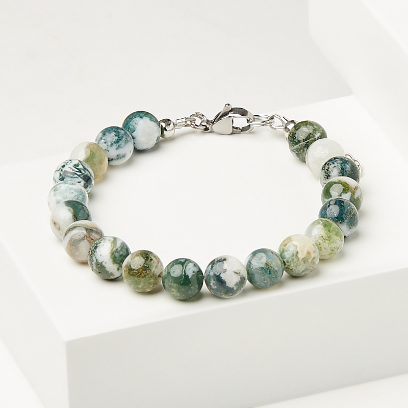 Браслет агат древесный Индия (сталь хир.) 8 мм 18 см (+3 см)