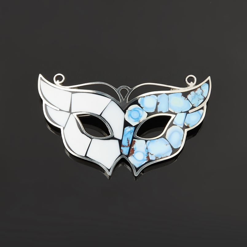 Брошь микс бирюза, кахолонг (нейзильбер)