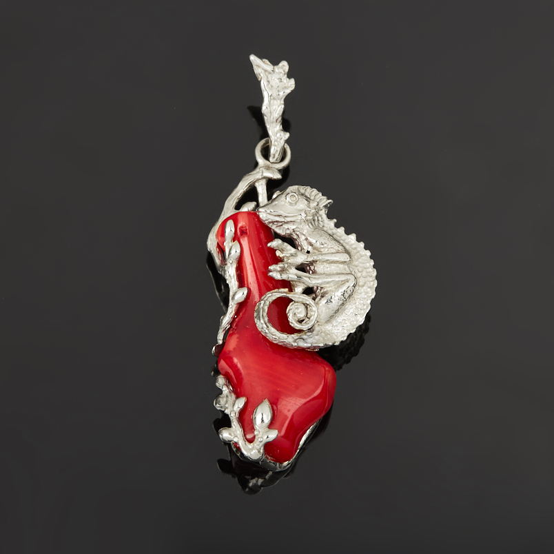 Кулон коралл красный Индонезия (нейзильбер) хамелеон 6&nbsp;см