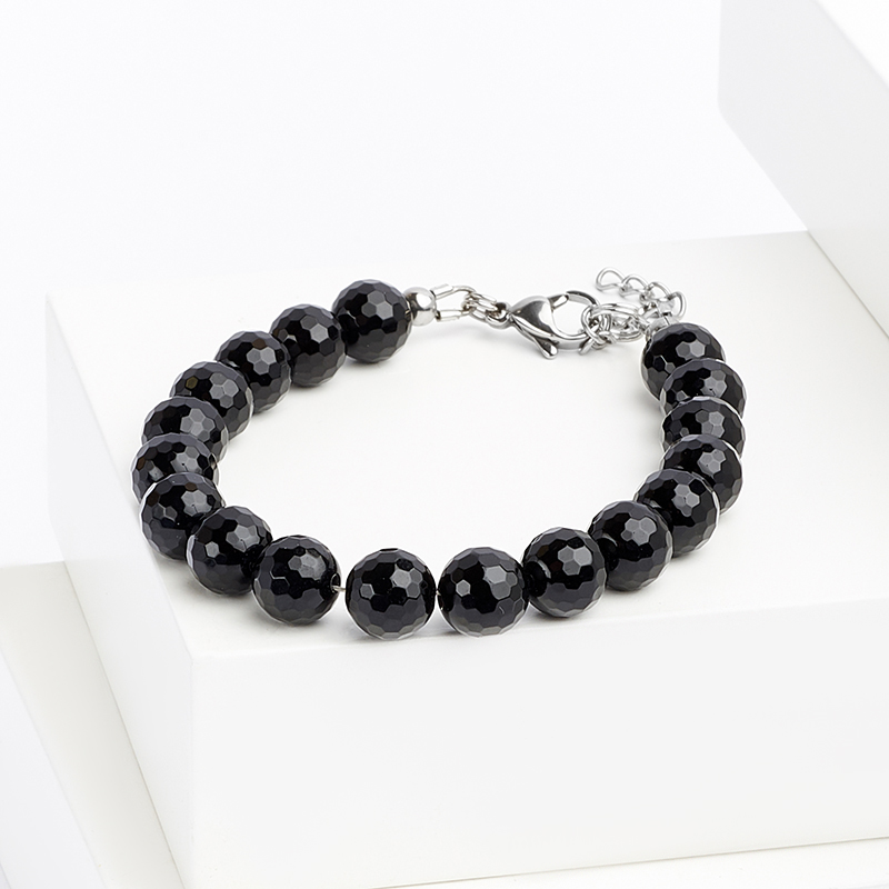 Браслет агат черный Бразилия (сталь хир.) огранка 8 мм 16 см (+3 см)