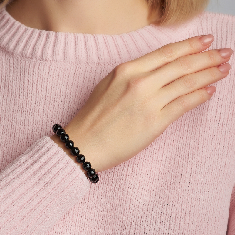 Браслет агат черный Бразилия (сталь хир.) огранка 8 мм 18 см (+3 см)