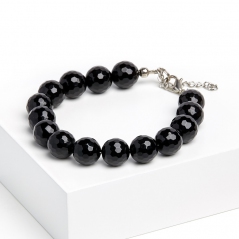 Браслет агат черный Бразилия (сталь хир.) огранка 12 мм 18 см (+3 см)