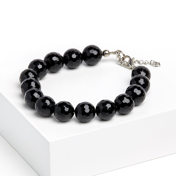 Браслет агат черный Бразилия (сталь хир.) огранка 12 мм 18 см (+3 см)