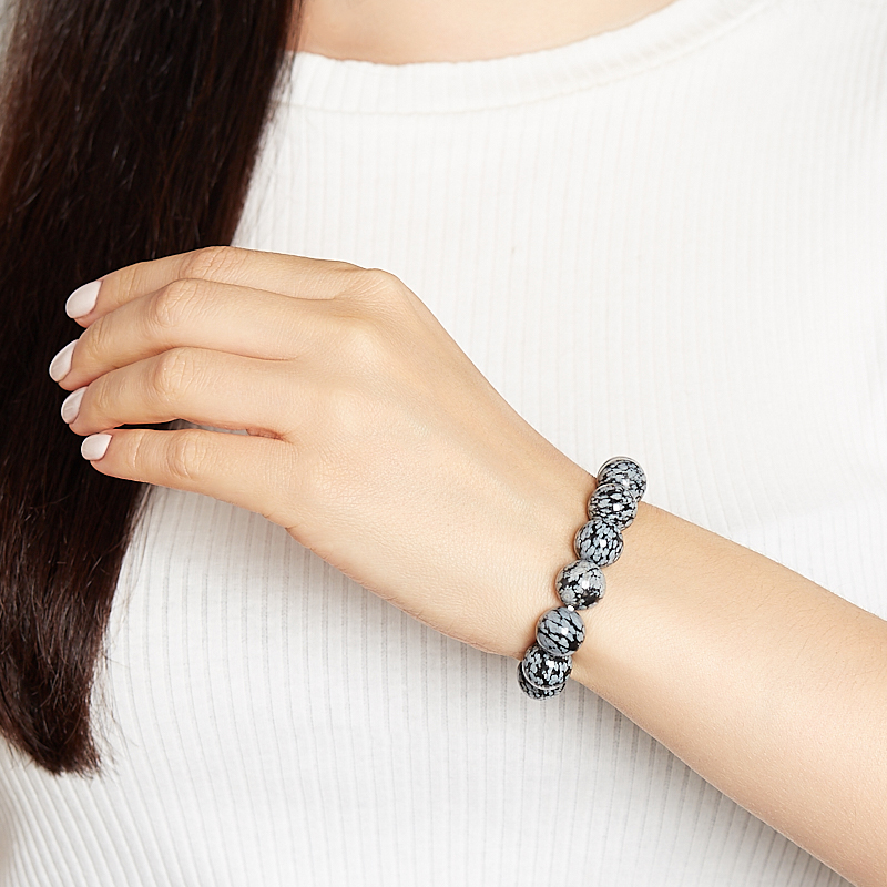 Браслет обсидиан снежный США 12&nbsp;мм 17&nbsp;см