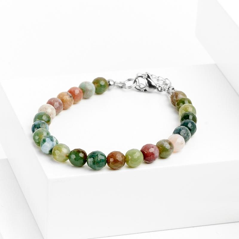 Браслет агат моховой Индия (сталь хир.) огранка 6 мм 18 см (+3 см)