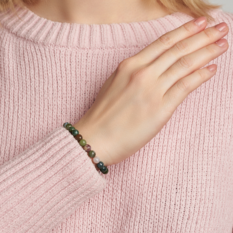 Браслет агат моховой Индия (сталь хир.) огранка 6 мм 18 см (+3 см)