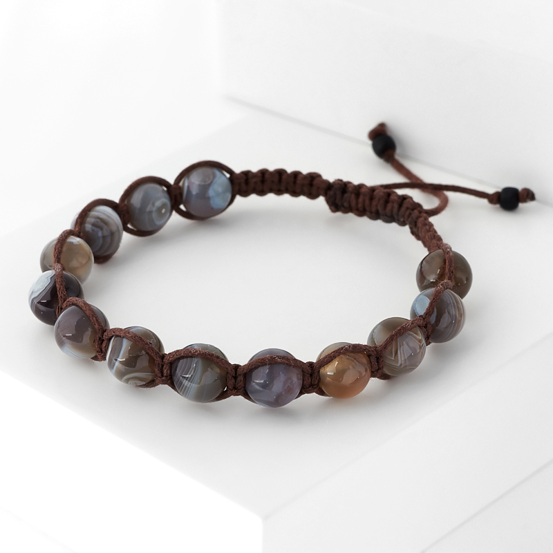 Браслет агат серый Ботсвана (текстиль) шамбала 8 мм 16 см (регулируемый)