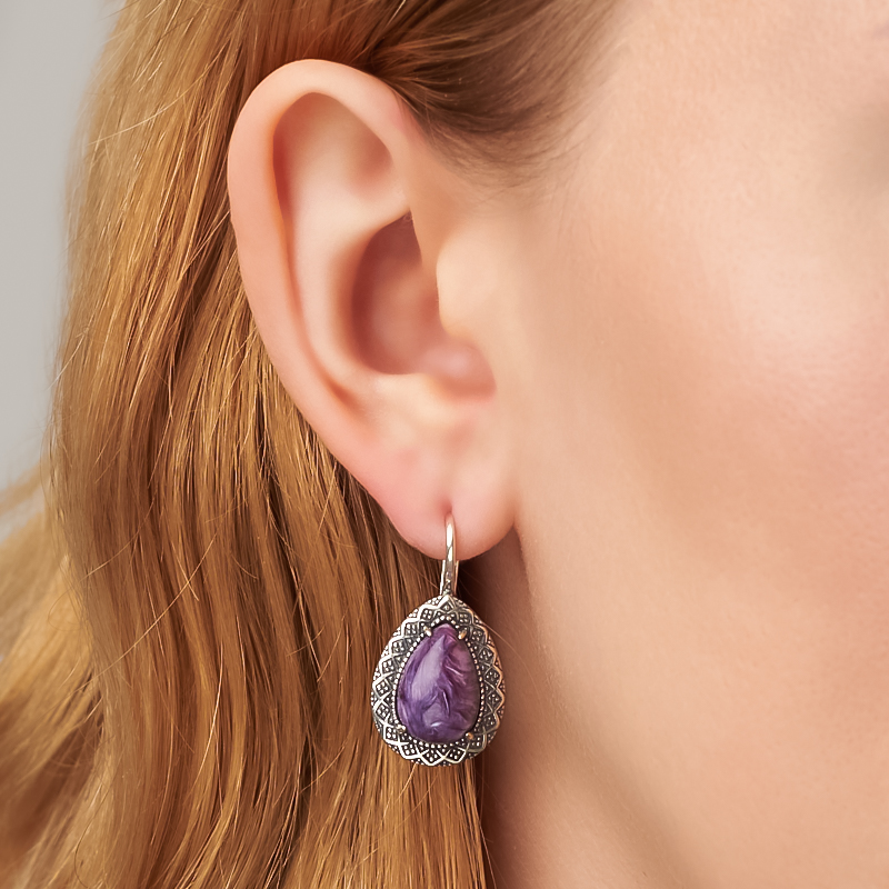 Серьги чароит Россия (серебро 925 пр. оксидир.)