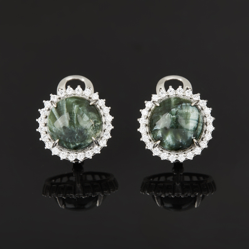 Серьги клинохлор (серафинит) Россия (серебро 925 пр. родир. бел.)