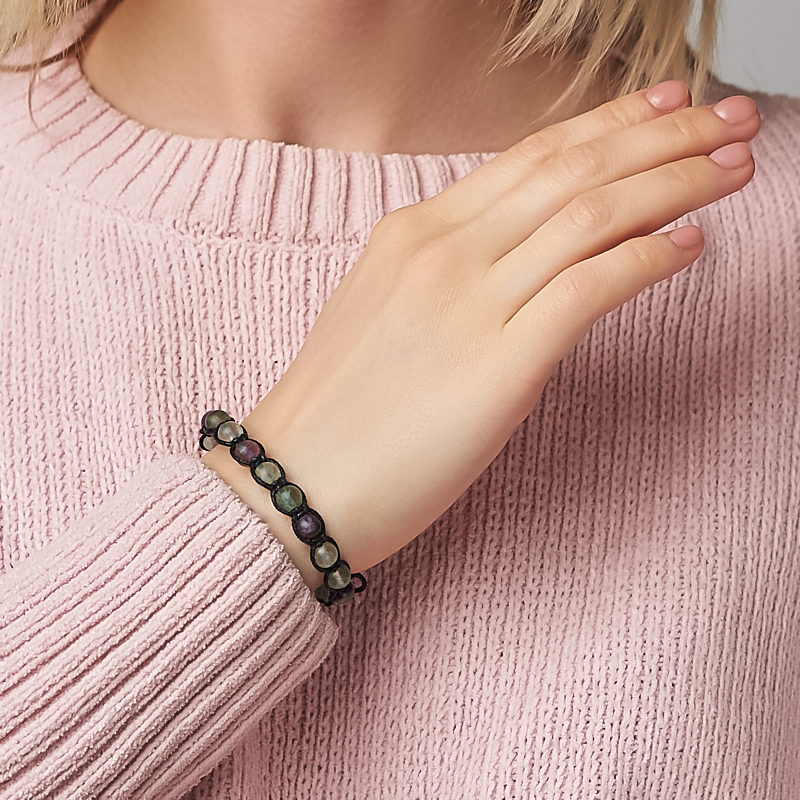 Браслет флюорит (текстиль) шамбала 6 мм 18 см (регулируемый)