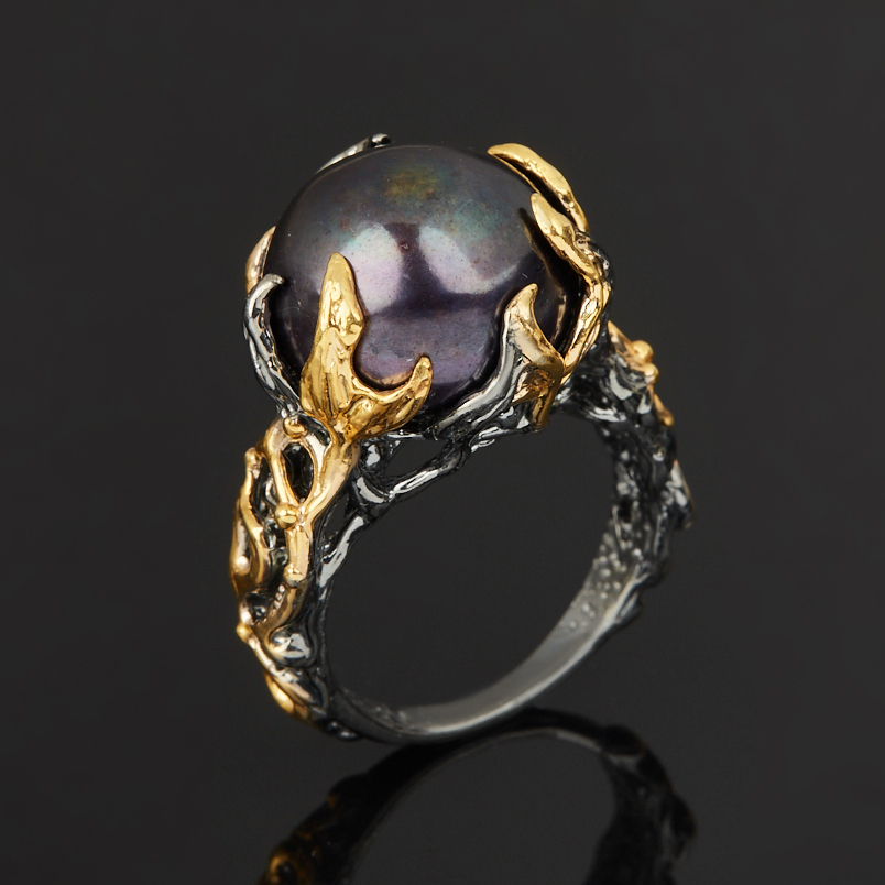 Кольцо жемчуг черный Гонконг (серебро 925 пр. позолота, родир. черн.) размер 18