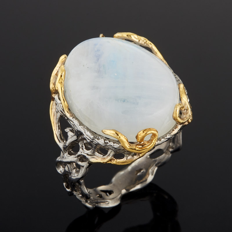 Кольцо лунный камень (адуляр) Индия (серебро 925 пр. позолота, родир. черн.) размер 18,5