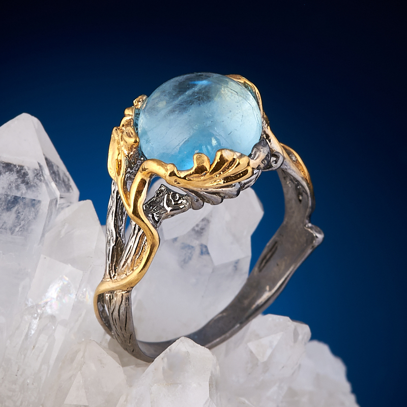 Кольцо аквамарин Бразилия (серебро 925 пр. позолота, родир. сер.) размер 17