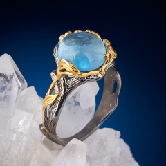 Кольцо аквамарин Бразилия (серебро 925 пр. позолота, родир. сер.) размер 17
