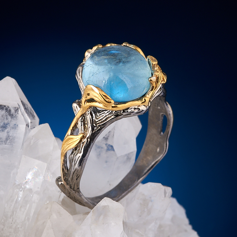 Кольцо аквамарин Бразилия (серебро 925 пр. позолота, родир. сер.) размер 17
