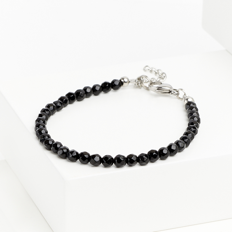 Браслет агат черный Бразилия (сталь хир.) огранка 4 мм 18 см (+3 см)