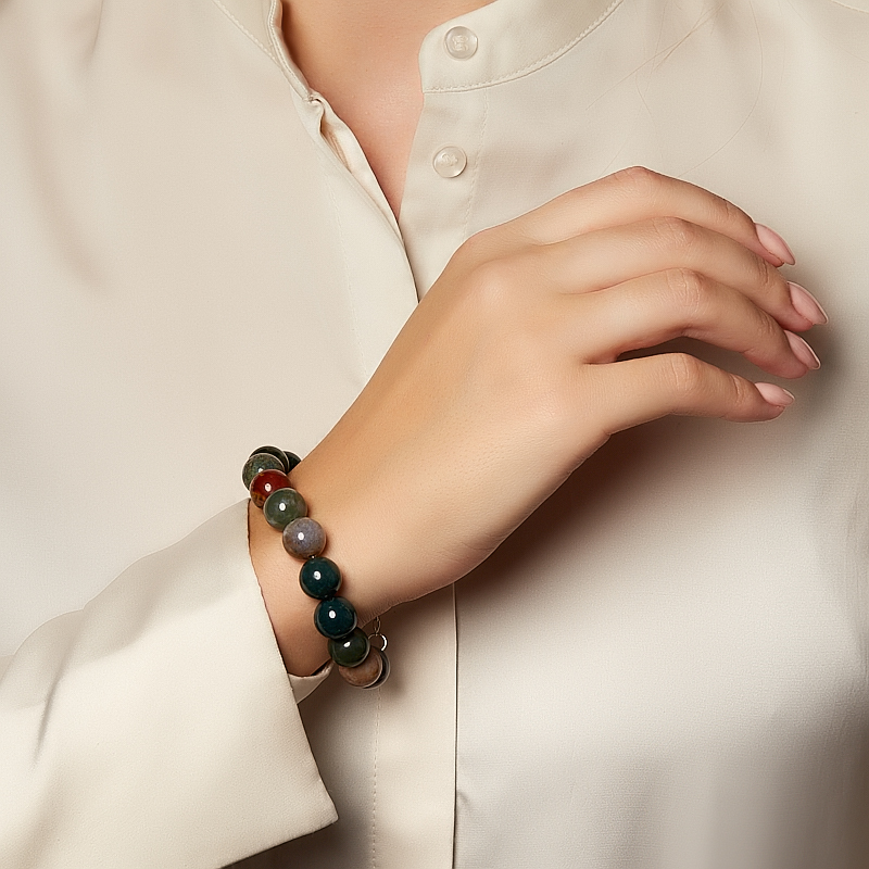 Браслет агат моховой Индия (сталь хир.) 12 мм 18 см (+3 см)