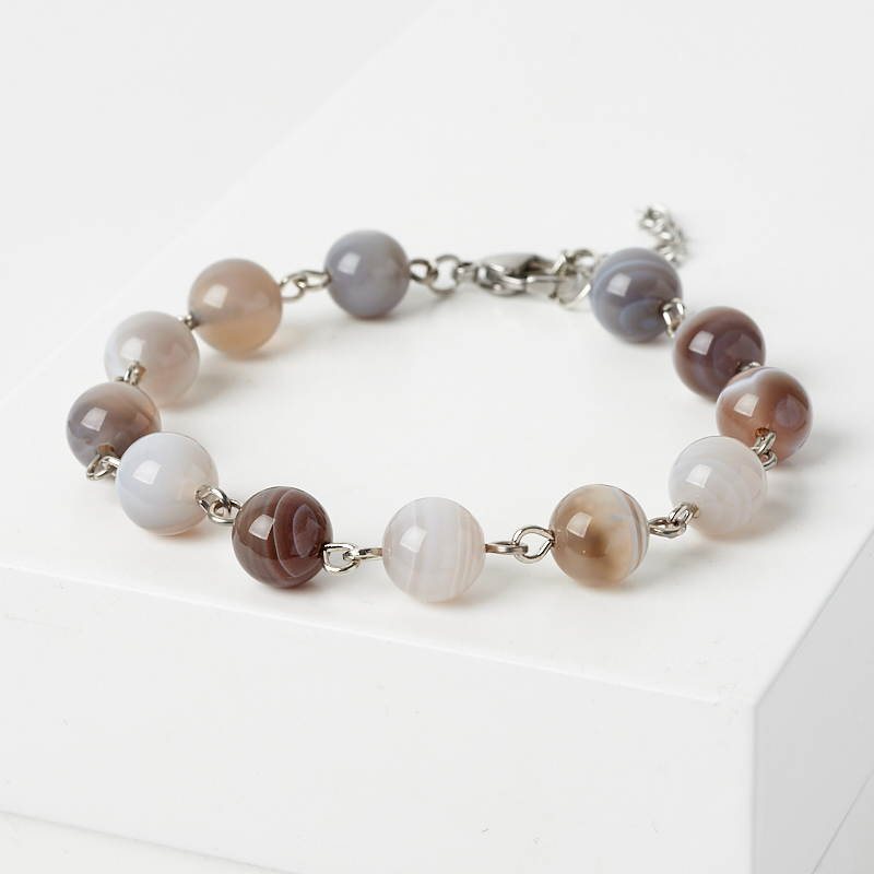 Браслет агат серый Ботсвана (сталь хир.) 8 мм 17 см (+3 см)