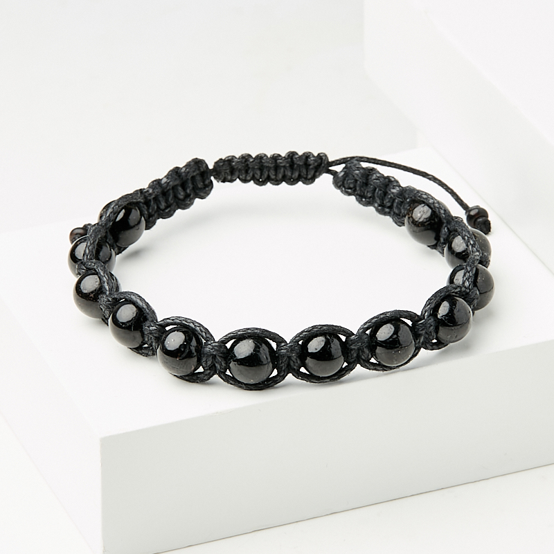 Браслет турмалин черный (шерл) Бразилия (текстиль) шамбала 8 мм 18 см (регулируемый)