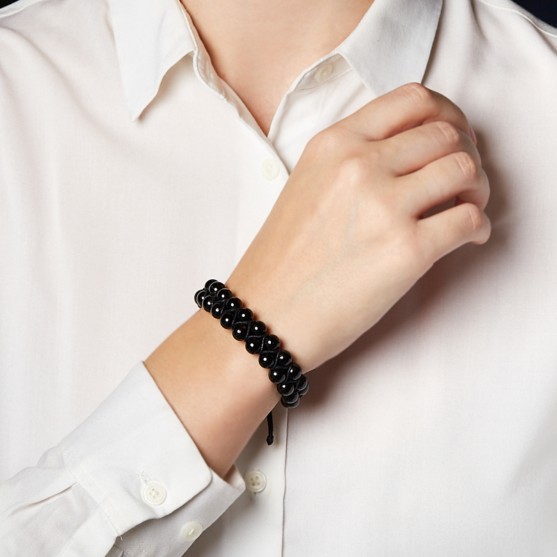 Браслет турмалин черный (шерл) Бразилия (текстиль) шамбала 8 мм 18 см (регулируемый)