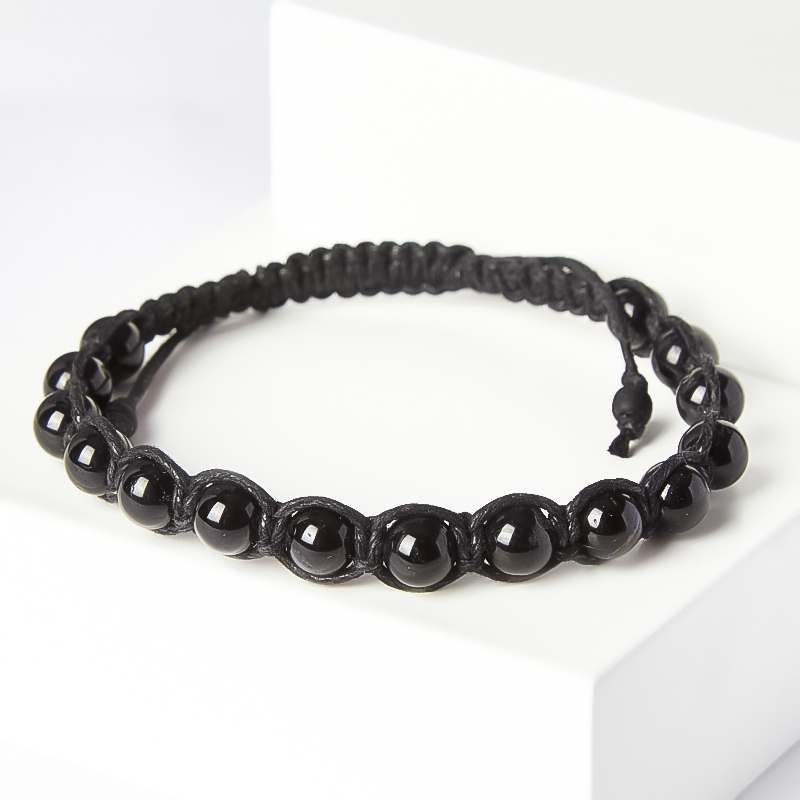 Браслет турмалин черный (шерл) Бразилия (текстиль) шамбала 6 мм 18 см (регулируемый)