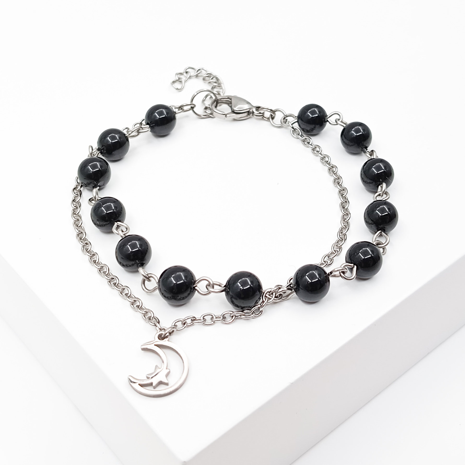 Браслет турмалин черный (шерл) Бразилия (сталь хир.) 6 мм 17 см (+3 см)