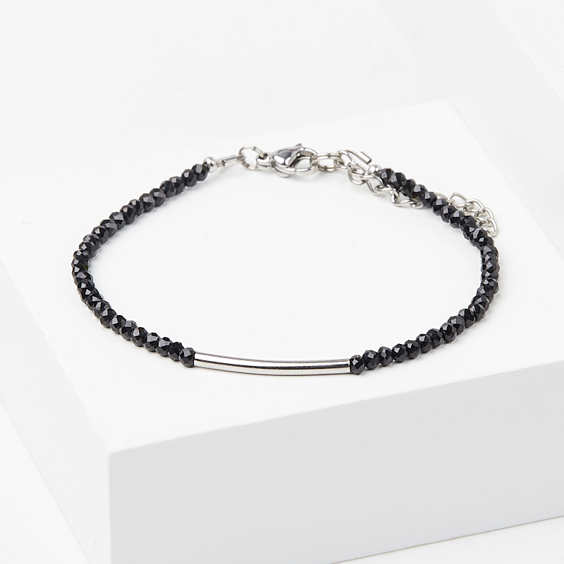 Браслет турмалин черный (шерл) Бразилия (сталь хир.) огранка 3 мм 18 см (+3 см)