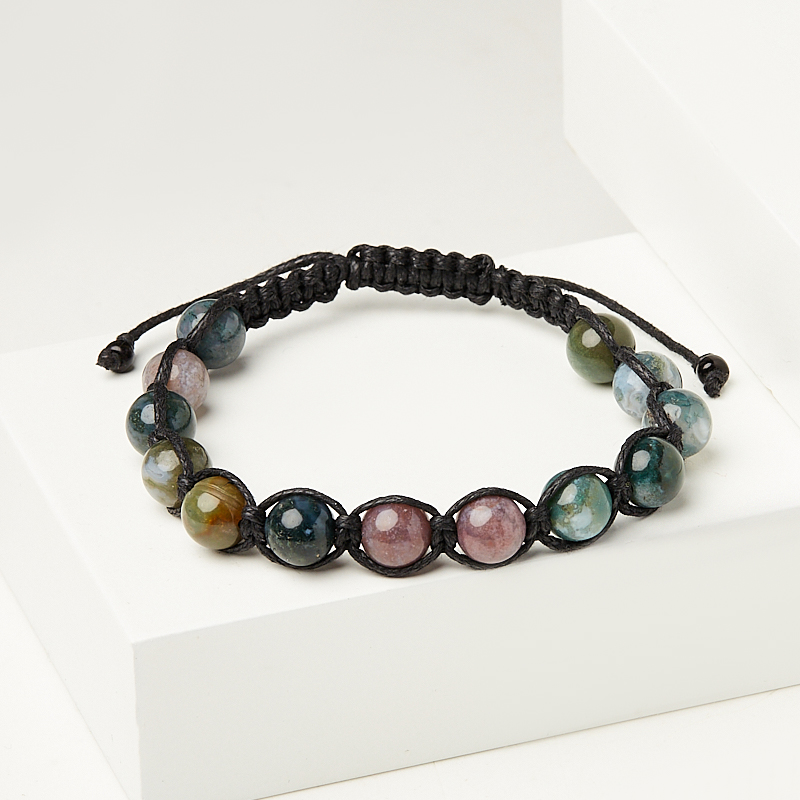 Браслет агат моховой Индия (текстиль) шамбала 8 мм 18 см (регулируемый)