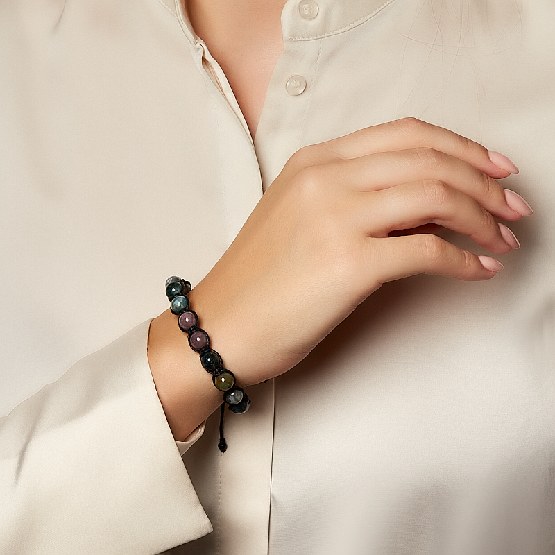 Браслет агат моховой Индия (текстиль) шамбала 8 мм 18 см (регулируемый)