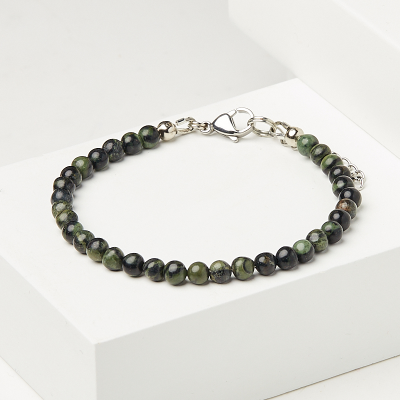 Браслет яшма зеленая Мадагаскар (сталь хир.) 4 мм 18 см (+3 см)