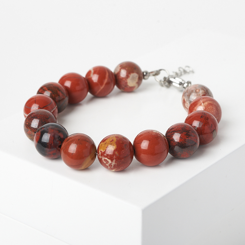 Браслет яшма красная ЮАР (сталь хир.) 12&nbsp;мм 17&nbsp;см (+3&nbsp;см)