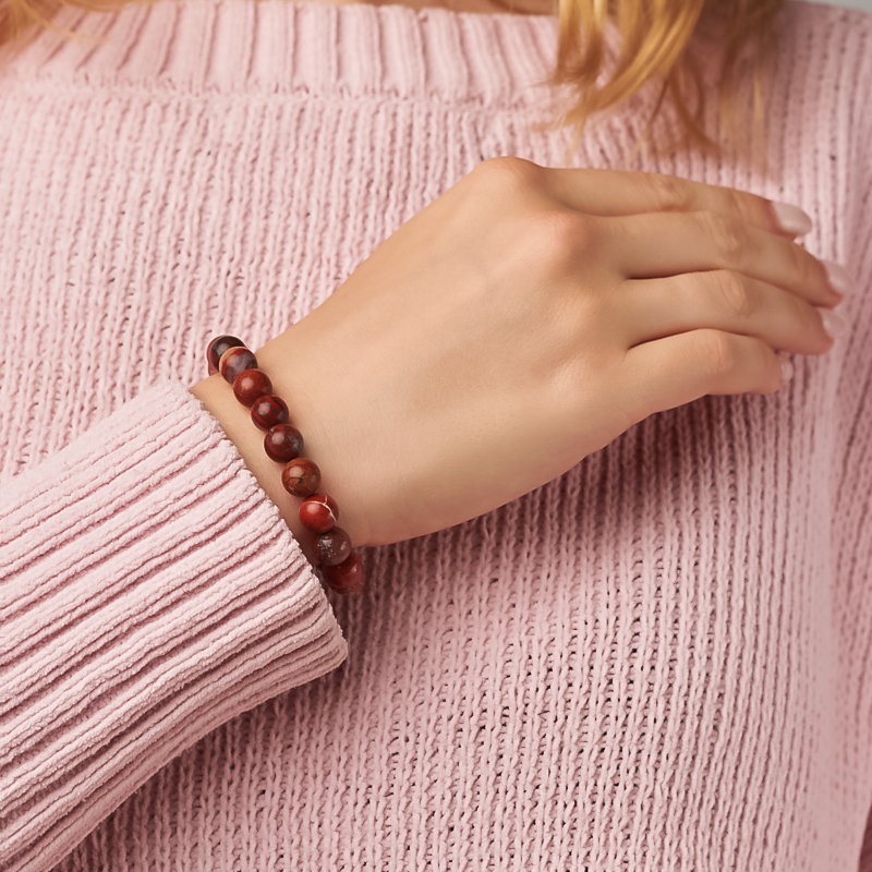 Браслет яшма красная ЮАР (сталь хир.) 8 мм 18 см (+3 см)